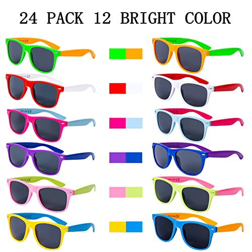 24 Pack 12 Colors Neon Sunglasses Party Favors 80’s Retro Style Sun Glasses for Beach Pool,Carnival,Party Favors,Birthday Party,Bulk Pack Sunglasses for Adults And Kids2