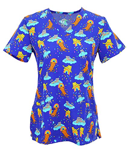Green Town Women's Performance V-Neck Medical Scrub Stretch Tops, Large, Rainbow Cats Blue