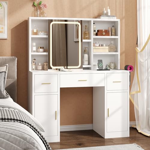 knoworld Vanity Desk with Sliding Mirror & LED Lights, Smart Makeup Table with Charging Station, Hairdryer Holder, 7 Shelves, 3 Drawers, 2 Cabinets, Vanity with Extra Hidden Stroage for Bedroom,White