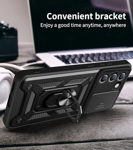 Image of SPAZY CASE Vivo T3 5G Back Case | Heavy Duty Hybrid Case with 360 Degree Rotating Finger Ring Holder + Slider Shutter Camera Protection Cover for Vivo T3 5G 5G - Black