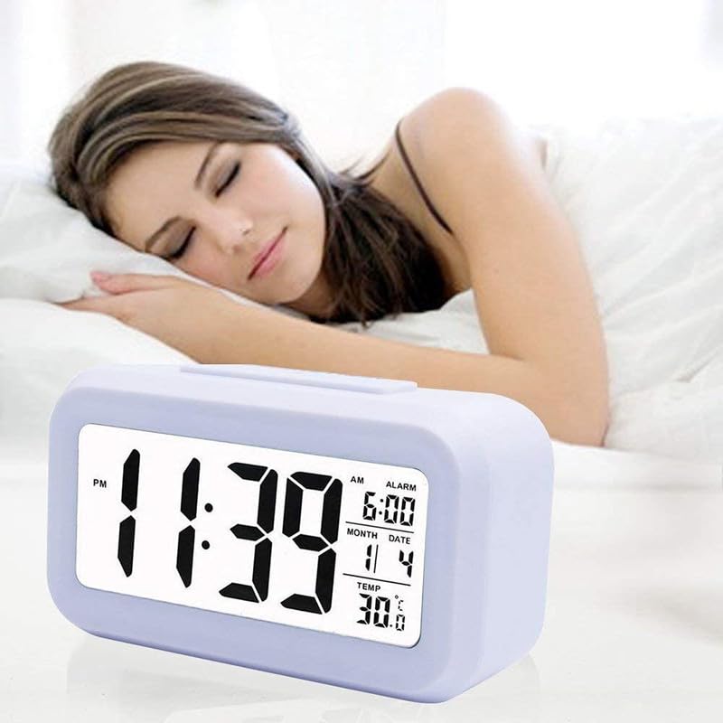 Digital Alarm Clock Large LED Display Smart Backlight Battery Operated Alarm Table Clock with Automatic Sensor | Date & Temperature for Kids,Student Bedroom (White)