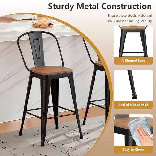 Juego de 4 butacos industriales Yongchuang de altura para barra, estructura metálica negra y asiento de madera laminada con respaldo alto miniatura 6