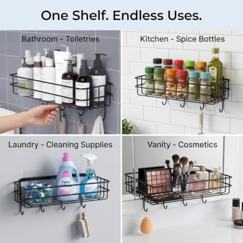 Image of Bindian Self-Adhesive Bathroom Shelf with Hooks, Pack of 2 | No-Drill Wall Mounted Shower Caddy Organizer | Rustproof Bathroom Storage Rack for Shampoo, Soap & Toiletries | Space Saving Adhesive Shelf