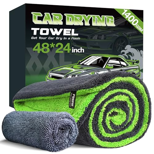 PUGPIU Microfiber Car Drying Towel Extra Large Super Absorbent 48"X24", 1400 GSM Flash Detail Car Wash Drying Towel Edgeless with Two Sided Soft Twisted-Loop, No Water Spots Streaks for Cars (Green)
