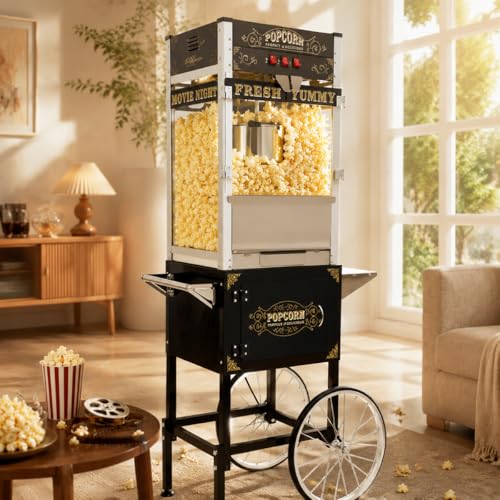 Image of 32 OZ Commercial Popcorn Machine with Cart - Stainless Steel Kettle Popper with Wheels, Warming Deck & Tempered Glass, for Business, School, Corporate, Theater, Home Use, Black