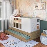 Berço Cama Multifuncional Com Auxiliar 3 Em 1 84cm x 194cm Aveiro Oak Branco Posie Completa Móveis