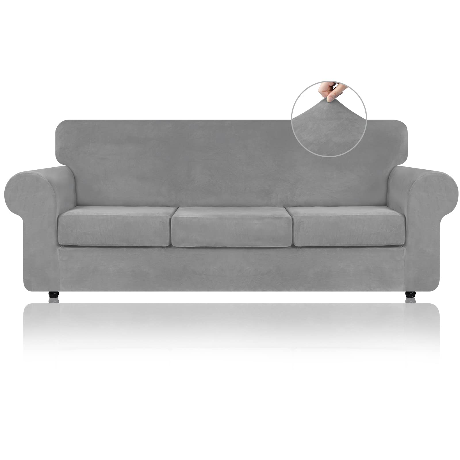 WEERRW 4 Pieces Velvet High Stretch Couch Covers for 3 Cushion Couch Sofa Slipcovers, Washable Furniture Protector with Non Slip Elastic Bottom, Feature Soft and Thick Plush Fabric, Silver Grey, Large