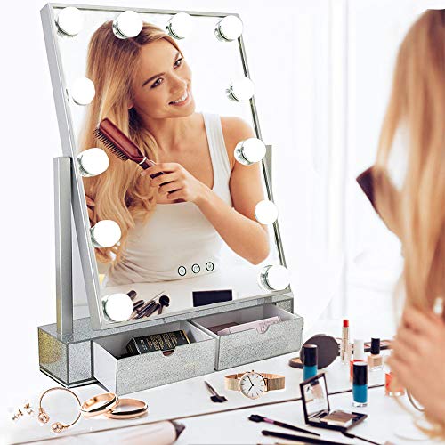 Large Makeup Vanity Mirror with Lights,Hollywood Light-up Professional Mirror with Storage,3 Color Lighting Modes,10x Magnification,Big Cosmetic Mirror with 12 Dimmable Bulbs for Dressing Table