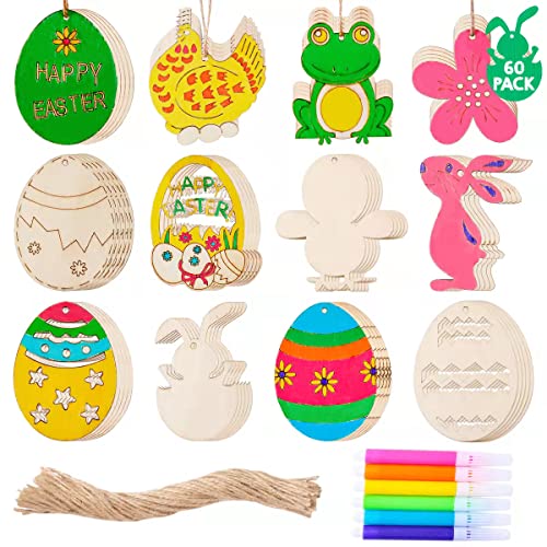 Product Image of the FUNNISM 60PCS Unfinished DIY Easter Wood Eggs Bunny Chicken Ornaments Arts & Crafts Painting Kit,Easter Crafts for Kids Toddlers Boys Girls,Easter Basket Stuffers Gifts,Easter Party Favors Decorations