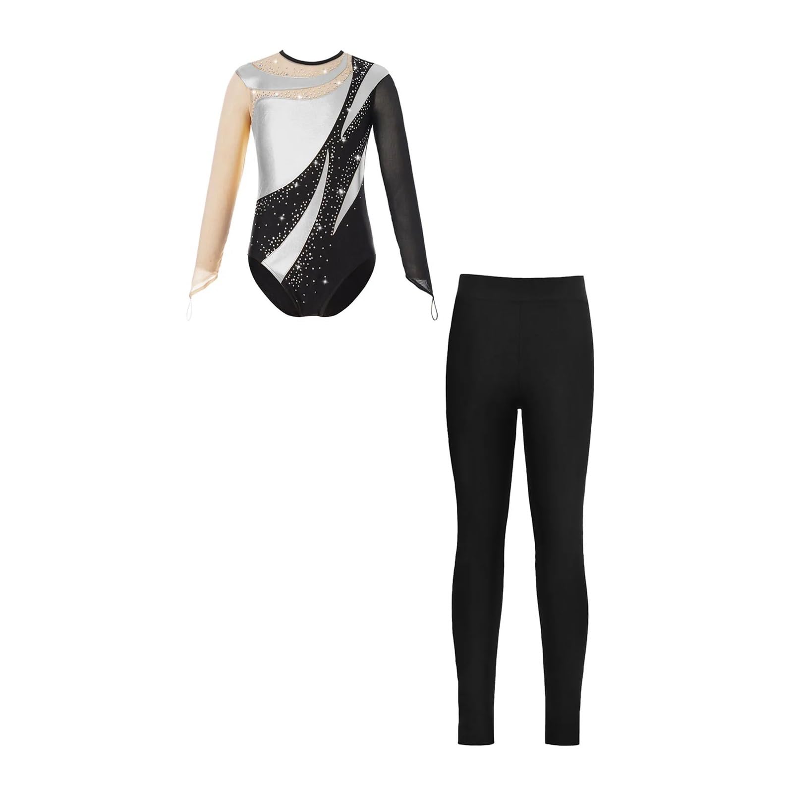Justaucorps De Gymnastique à Manches Longues Avec Leggings, Ensemble De Vêtements De Danse, Body De Patinage à Strass Pour Filles, Argenté., 6