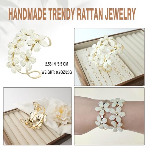 Raffia Flower Cuff Bangle Bracelet for Women, Adjustable Boho Floral Wide Open Bangle for Summer Beach, Handmade Trendy Rattan Jewelry4