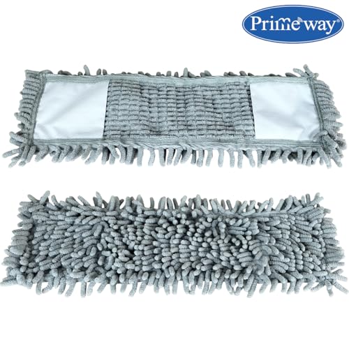 Image of Primeway Chenille Microfibre Flat Mop | All Floor Surfaces Cleaning | Wet & Dry | Rotating Mop Head 43x14cm | Long Extendable Telescopic Iron Handle | 72~120cm | Gray