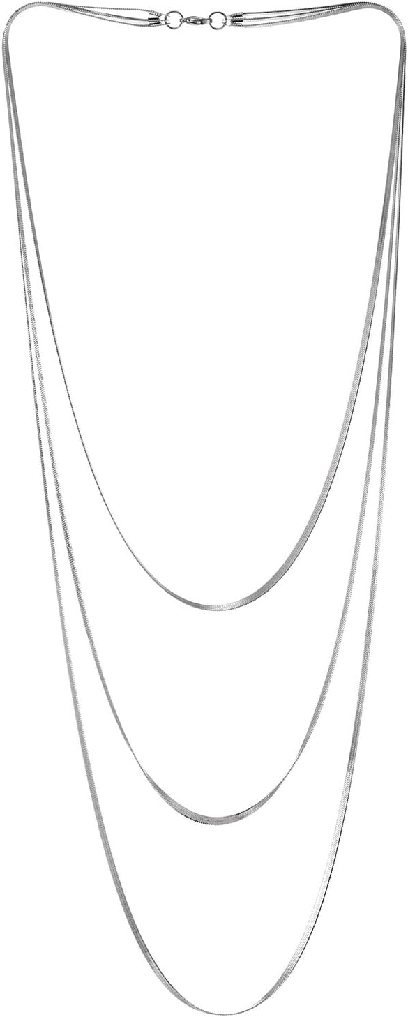 COOLSTEELANDBEYOND Flat Snake Chain Layered Necklace, Three-strand Waterfall Long Statement Necklace Draping
