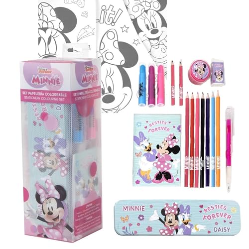 Set de papelería Minnie Mouse en caja creativa con lápices de colores, rotuladores, hojas para colorear, libreta, regla, goma y sacapuntas – Estuche Minnie escolar ideal como regalo infantil educativo