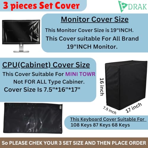 Image of EDRAK Computer Desktop 3 in 1 Dustproof Cover 3 Set Combo 19 INCH Monitor Cpu Keyboard Cover With Zipper(BLACK)