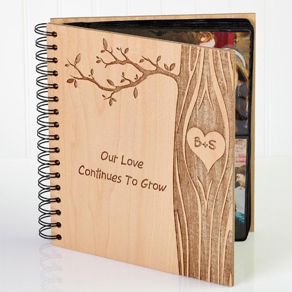Personalization Universe Personalized Wood Photo Album for Couples - Carved In Love, Holds 72 4x6 Photos, Unique 5th Anniversary, Custom Engraved Initials, Natural Alderwood, Spiral Binding