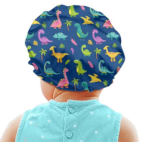 Image of Dinosaur Novelty Print Kids Satin Sleep Cap, Satin Bonnet Boys Girls Adjustable Slouchy Beanie Hat for Night Sleep Curly Spring Summer Fall Winter Hair Cap for Toddler Children Baby