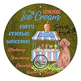 Funny Metal Tin Sign Homemade Ice Cream with Lovely Golden Retriever Novelty Metal Dog Wall Art Rustic Poster Plaques Fast Food Shop Summer Decor Dog Lover Playroom Decor, 12-inch