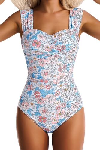 EVOCRCO Womens One Piece Swimsuits Tummy Control Bathing Suits Modest Full Coverage Swimsuit Wide Straps Swimwear Orange Floral - image 1
