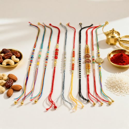 Image of Fashion Frill Unisex Adult Multicolor Rakhi For Brother Set Combo Of 10 | Traditional Rakhi Set For Bhaiya | Rakhi Bracelet For Bhai | Rakhis For Rakshabandhan | Rakhi Gift