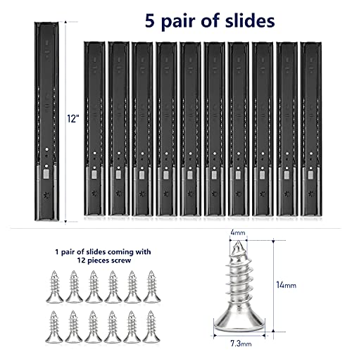 Image of Ravinte 12 Inch Soft Close Drawer Slides 5 Pairs 10 Pack Black Full Extension Ball Bearing Drawer Glide Side Mount