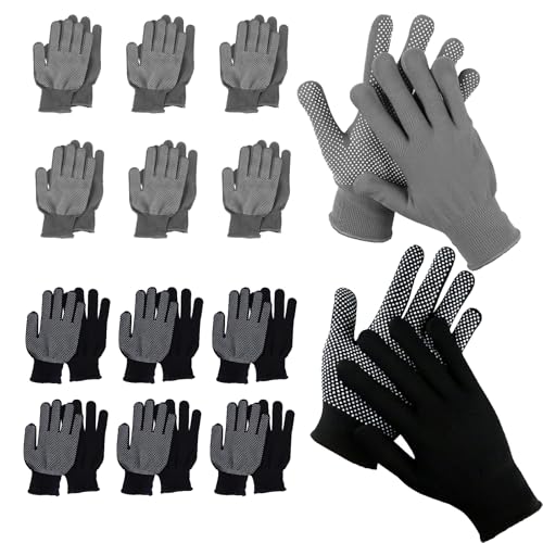 SGYKJ 14 Paar Handschuhe Arbeitshandschuhe Herren Damen, Nylonhandschuhe Strickhandschuhe mit Grip Noppen, Antirutsch Schutzshandschuhe für Arbeit Lager Auto Montagehandschuhe(Grau/Schwarz)