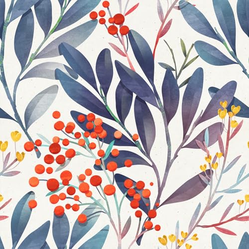 VEELIKE Whimsical Blue Leaf Floral Peel and Stick Wallpaper Vintage Leaves Berries Wallpaper for Bedroom Living Room Bathroom 17.7''x118'' Self Adhesive Contact Paper Removable Botanical Wall Paper