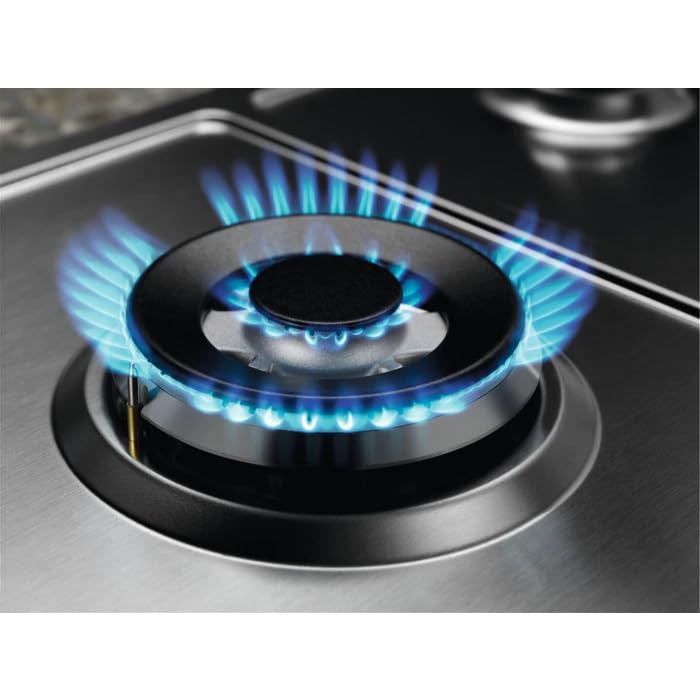Electrolux Cocina de gas 60 cm Serie 300 Slim Line 4 fuegos acero inoxidable Quemador WOK multicorona SicurGas pomos inoxidable parrillas esmaltadas, EGS6434X2