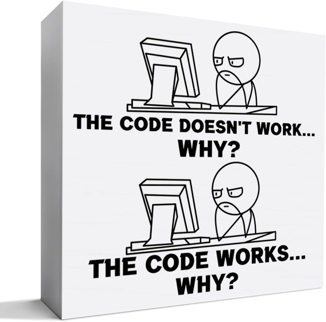 Funny Programmer Gifts for Men, It Tech Computer Science Engineering Gifts Software Engineer Christmas Birthday Coding Gift Office Cubicle Desk Decor, The Code Doesn't Work Why, Wooden Box Sign