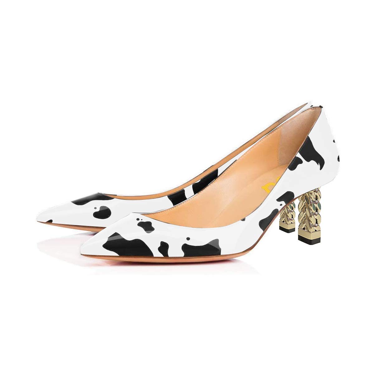 FSJ Women Multi Print Pumps Mid High Chuny Heels Metallic Chains Stylish Pointed Toe Slip On Cocktail Party Dress Shoes Size 4-15 US