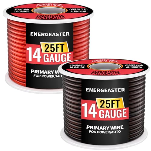 14 Gauge Wire(25FT Black + 25FT Red) Copper Clad Aluminum CCA Battery Cable Primary Power/Ground Cable for Car Audio Speaker RV Trailer Amp Inverter RV Truck Translucent Jacket