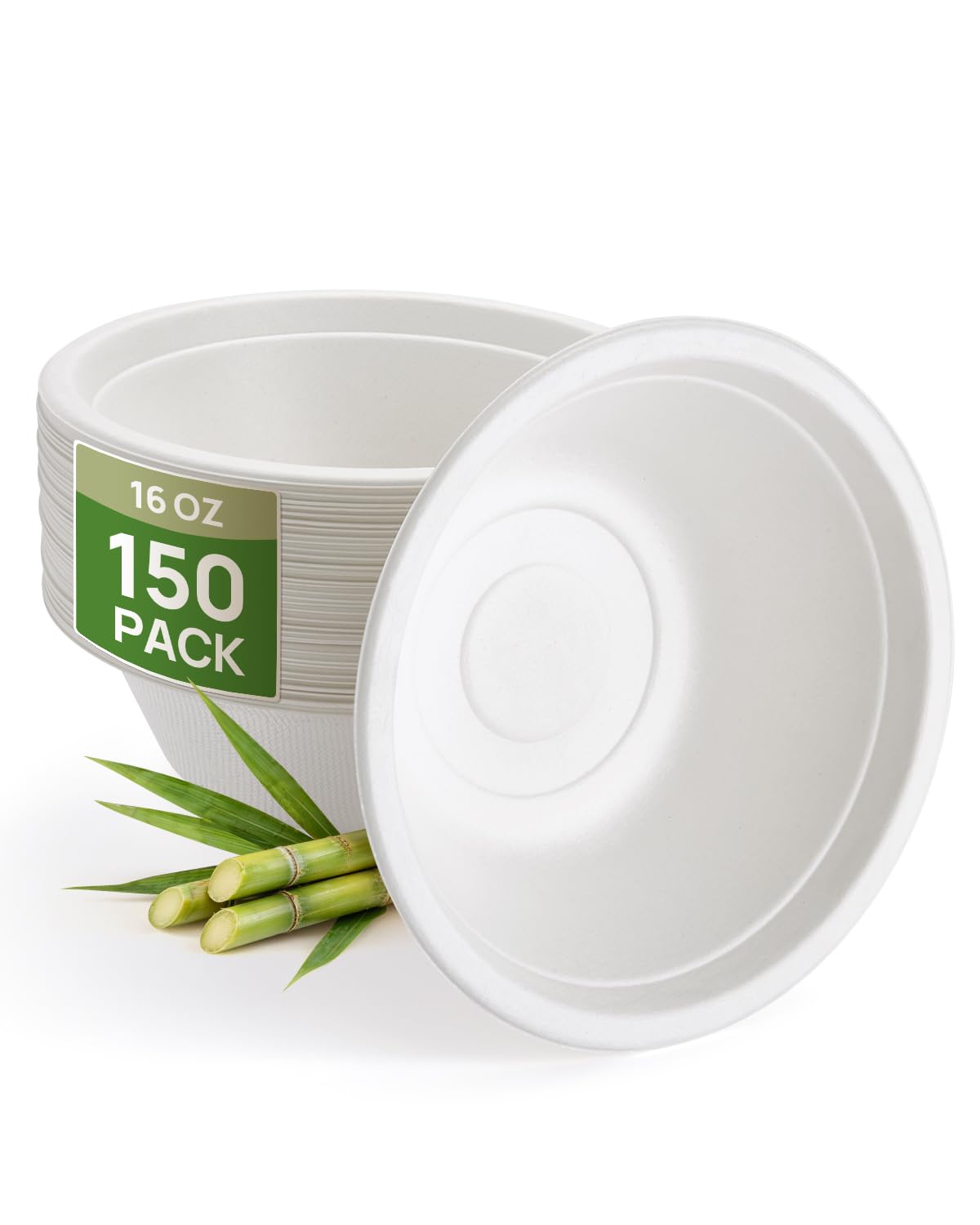 Goodluck 150 Pack Compostable Paper Bowls,16oz/455ml Disposable Bowls,Heavy Duty Bagasse Soup Bowls,Microwave Safe,Perfect for Soup, Cereal, Salad & Parties