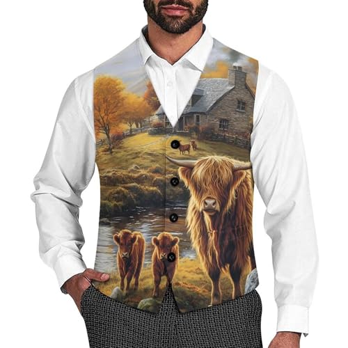 Highland Cow Farmhouse Men's Suit Vests Business Formal Dress Vest V-Neck Waistcoat for Wedding Casual