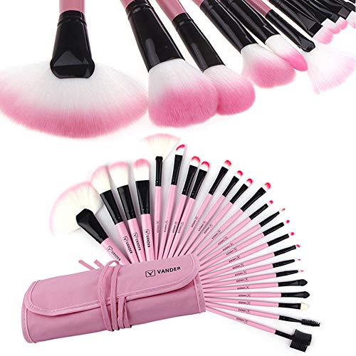 VANDER LIFE Makeup Brushes Pink 24pcs Professional Wool Cosmetic Eyeliner Foundation Eyebrow Shadow Blush Face Powder Makeup Brush Set Kit Brushes Tools Make Up Case