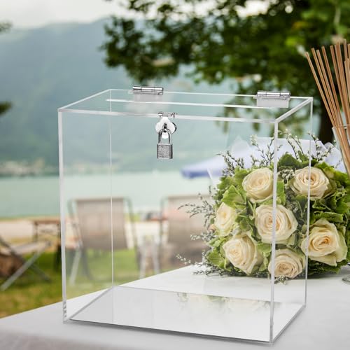 Image of Hooqict Clear Acrylic Card Box with Lock and Slot, Thick DIY Blank Wedding Card Box for Wedding Reception, Large Acrylic Gift Money Holder for Party Graduation Decorations