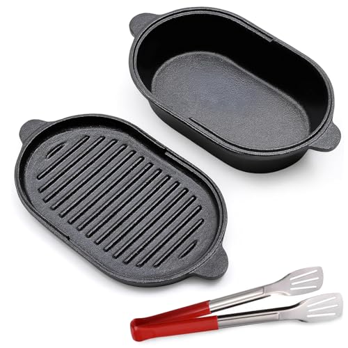 BUERPINKING 2in1 Gusseisen Topf Oval 23cm 2L Gusseisen Topf Brot Backen Brotbacktopf BräTer Schmortopf mit Deckel Brottopf zum Backen für Brot Backe Cast Iron Pot Backwaren Eintopf