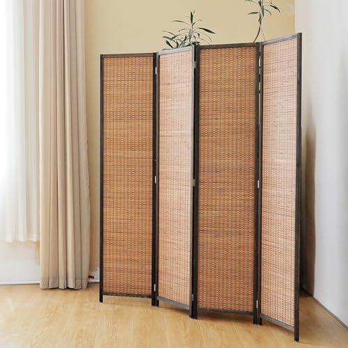 4 Panel Room Divider Screen,5.6 FT Tall Bamboo Panel Divider Folding Privacy Screen,Freestanding Room Divider for Room Seperation,Brown