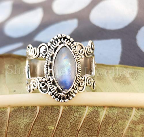 Moonstone Ring Sterling Silver Statement Ring Engagement Ring Victorian Ring Healing Ring Mediation Ring Promise Ring Marquise Stone Ring Unique Ring Wedding Gift For Her Dainty Ring Bohemian Jewelry