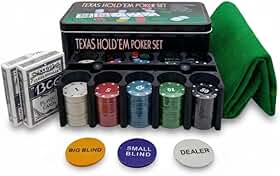 Jogo de Poker 200 Fichas Cartas de Baralho, Maleta Metálica, Fichas de Dealer e Blind, Conjunto Completo para Jogos