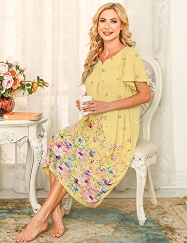 Image of Bloggerlove Mumu House Dress for Women with Pockets Short Sleeve Nightgowns | 15% Cotton, 80% Polyester, 5% Spandex, Floral Mumu House Dress, V-Neck, Short Sleeves, Midi Length, 2 Side Pockets, Lounging