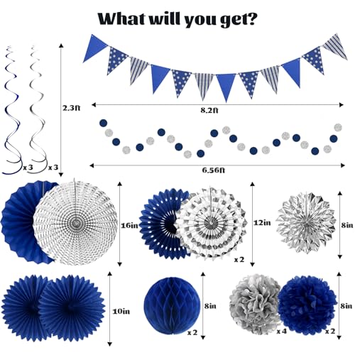 Image of 24 Pcs Blue Silver Party Decorations, Paper Fans Pom Poms Banner 8-16 in | Navy blue silver fans, pom poms, honeycomb balls, banner, spirals for graduation, birthday, retirement, wedding decor