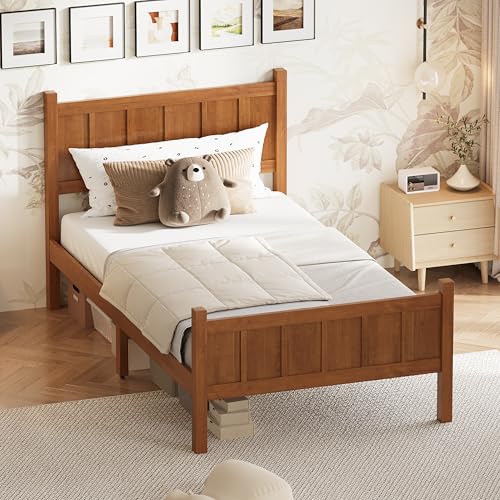 Image of Twin Size Vintage Bed Frame with Headboard, Farmhouse Wooden Platform Bed with Under-Bed Storage, Minimalist Modern Wood Grain Finish Bedframe for Bedroom (Light Walnut)