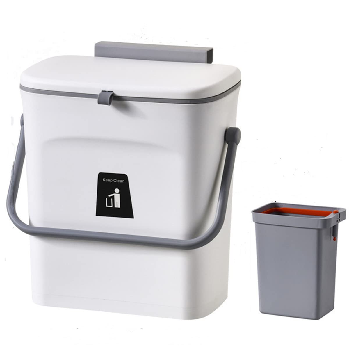 GELIMY Hanging Kitchen Trash Can with Sliding Cover, 9L Built-in Waste Bin with Lid, Handle And Inner Barrel, Plastic Bins, Suitable Kitchen, Toilet, Bedroom, Living Room (WHITE)