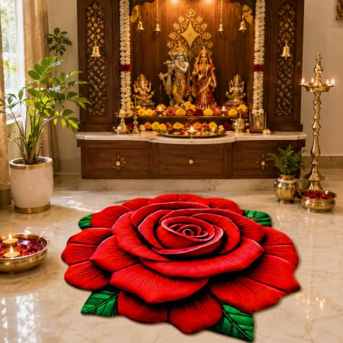 Image of 3D Rose & Floral Door Mat | Water Absorbent, Anti-Skid, Machine Washable Floor Mat | Soft Microfiber Carpet for Home, Living Room & Bedroom | Premium Decorative Mat (Red Rose with Leaf, Rose)