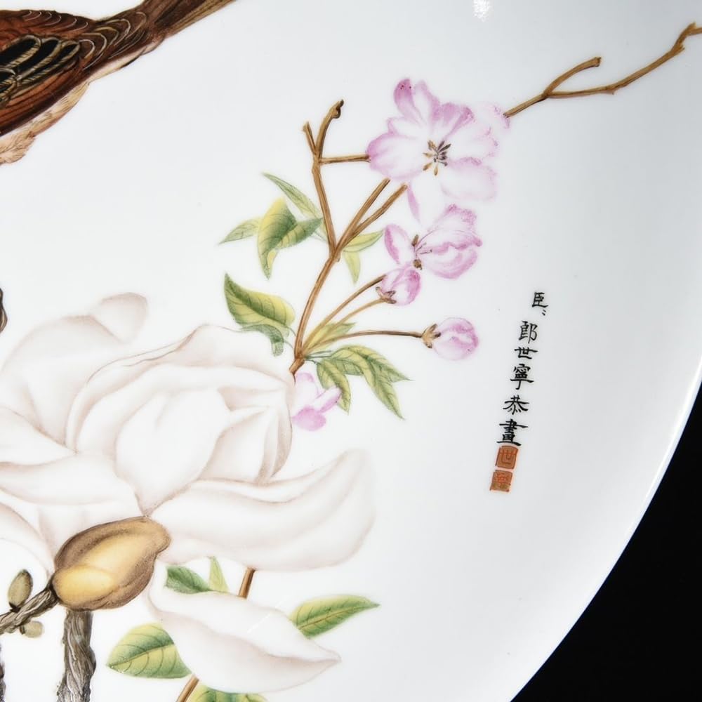 Plato decorativo de porcelana esmaltada con diseño de pájaros y flores