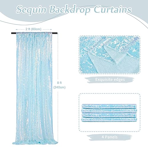 Image of Sequin Backdrop Curtains 4 Pieces 2ftx8ft Mermaid Blue Sparkly Background Fabric for Under The Sea Little Mermaid Birthday Party