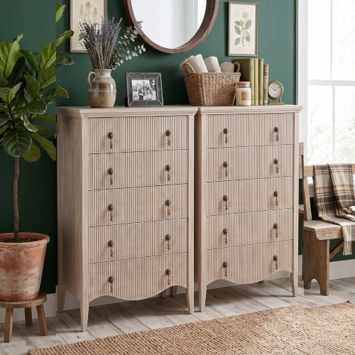 Image of 5-Drawer 47 inch Tall Fluted Dresser, Vertical Chest of Drawers,Nature Oak | Vintage Dark Brown Wood-Look, Freestanding Vertical Organizer, Antique Pulls, For Bedroom, Living Room, Closet, Hallway