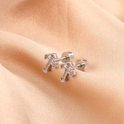 Titanium Steel Cross Flat Screw Back Small Stud Earrings Vintage Simple Cross Cartilage Earrings Christian Stylish Jewelry Faith Gift for Women Men (Silver)3