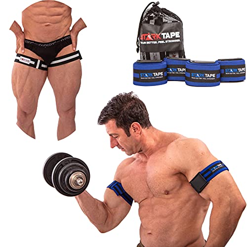 BFR Blood Flow Restriction Bands. 4 Pack Occlusion Bands, 2 Inch Width for Arms and Legs Training. Gain Fast Muscle Growth Without Lifting Heavy Weights (Blue & Black Elastic)