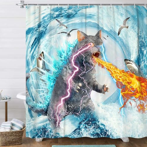 Image of Funny Cat Shower Curtain Set, Cute Fun Cat Blue Wave Animal Shark Ocean Theme Shower Curtain for Kids, Cool Cats Kids Home Bathroom Decor Polyester Waterproof Fabric Bath Curtain with 12 Hooks